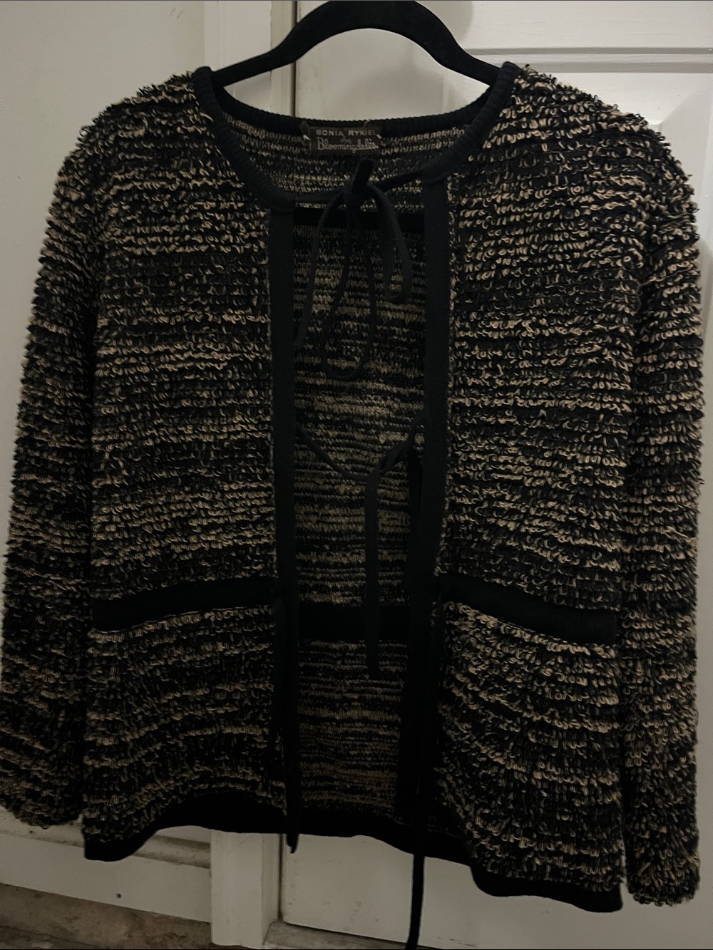 Sonia Rykiel Vintage Black and Cream Loop-Knit Open Cardigan with Tie